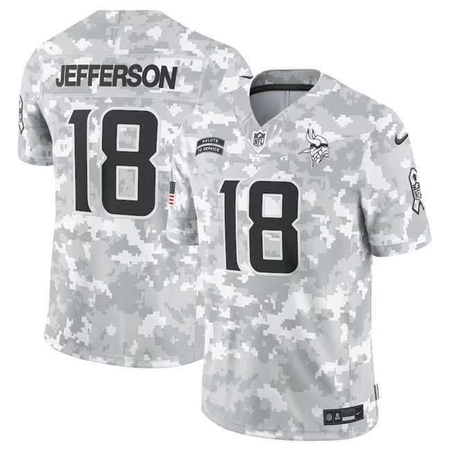 Mens Minnesota Vikings #18 Justin Jefferson 2024 Arctic Camo Salute To Service Limited Stitched Jersey Dyin